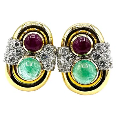 Pre-owned David Webb Ruby Emerald And Diamond 18k Yellow Gold Earrings