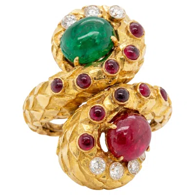 Pre-owned David Webb Ruby, Emerald And Diamond Ring In 18k Yellow Gold And Platinum
