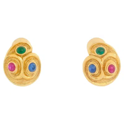 Pre-owned David Webb Ruby, Emerald, Sapphire, Gold Earrings In Multi