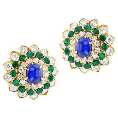 Pre-owned David Webb Sapphire Cabochon, Emerald And Diamond Earrings In Green
