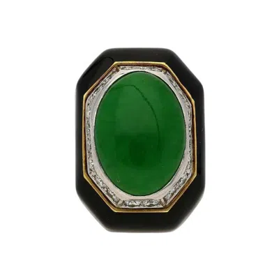Pre-owned David Webb Signed Type A Fei Chui Jadeite Jade And Onyx Platinum & 18k Ring In Green