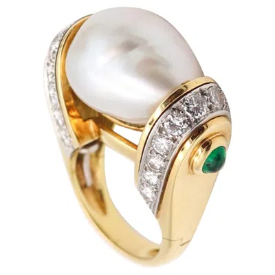 Pre-owned David Webb South-seas Pearl Cocktail Ring In 18kt Gold With Diamonds & Emeralds In Multi