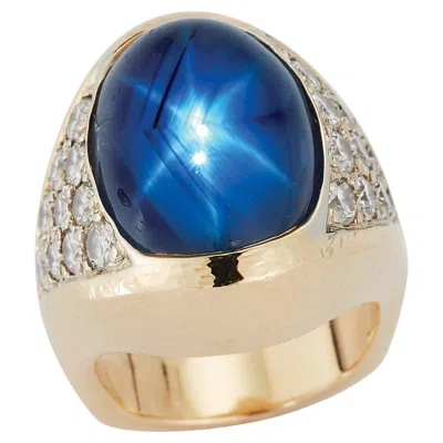 Pre-owned David Webb Star Natural Star Sapphire & Diamond Ring In Blue