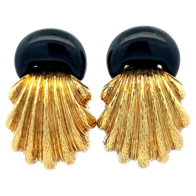 Pre-owned David Webb Textured Gold & Black Enamel Clip-on Earrings