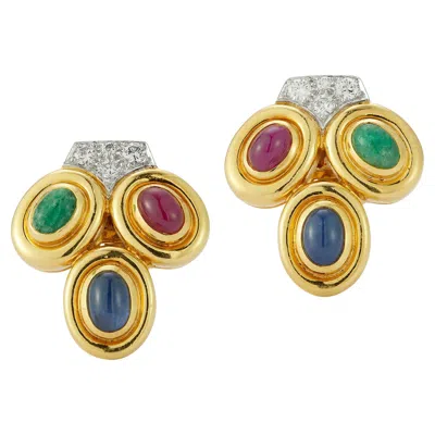 Pre-owned David Webb Three Stone Cabochon And Diamond Earrings In Multi