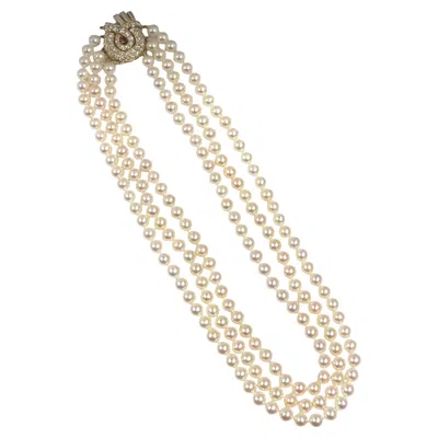 Pre-owned David Webb Triple Strand Fine Pearl And Diamond Necklace In Multi