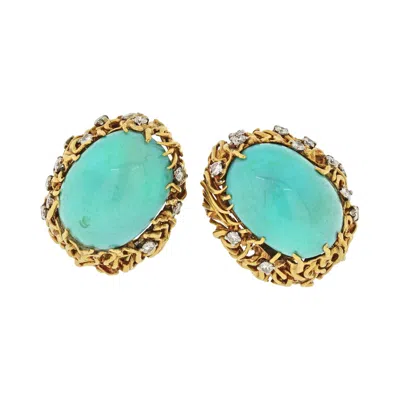 Pre-owned David Webb Turquoise And Diamond Oval Clip-on Gold Earrings In Multi
