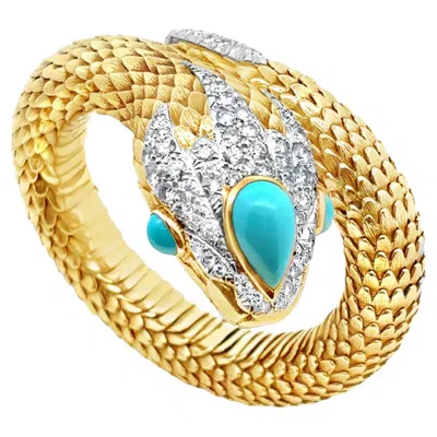 Pre-owned David Webb Turquoise And Diamond Snake Bangle Bracelet In Multiple