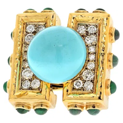 Pre-owned David Webb Turquoise And Diamond Vintage 18k Yellow Gold Ring