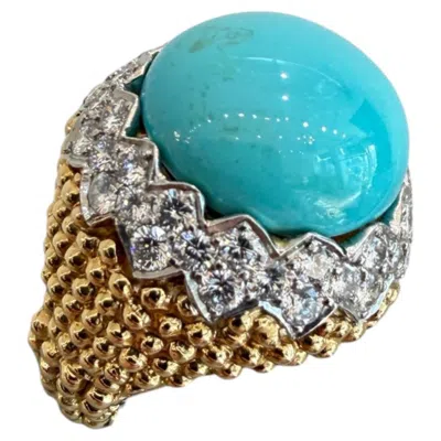 Pre-owned David Webb Turquoise Diamond Ring 18k Platinum, Bold Beaded Design In Multi