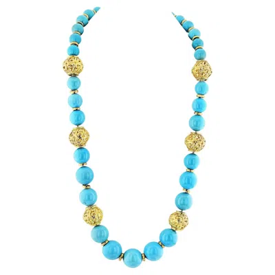 Pre-owned David Webb Turquoise Platinum & 18k Yellow Gold Large Bead Strand Necklace