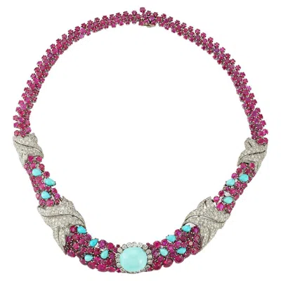 Pre-owned David Webb Turquoise, Ruby, And Diamond Necklace In Multi