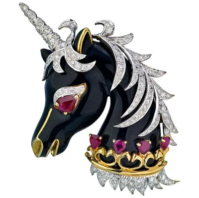 Pre-owned David Webb Unicorn Black Enamel, Ruby, Diamonds Vintage Brooch
