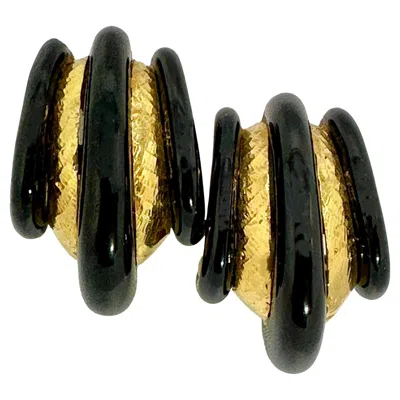Pre-owned David Webb Unusual And Outstanding  18k Gold And Black Enamel Hoop Earrings