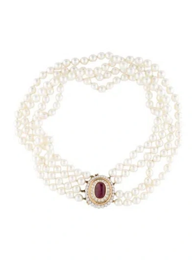 Pre-owned David Webb Vintage 1.57ctw Diamond, Pearl & Ruby Multistrand Choker Necklace, 14.25"