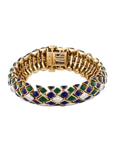 Pre-owned David Webb Vintage 18k 2.40ctw Diamond & Enamel Link Bracelet, 6.5" In Multi