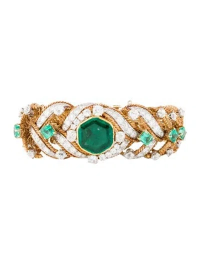 Pre-owned David Webb Vintage 18k Emerald & Diamond Link Bracelet, 6" In Multi