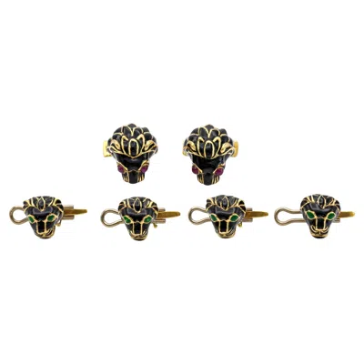 Pre-owned David Webb Vintage 1960s  Black Lion Stud Set With Cabochon Rubies