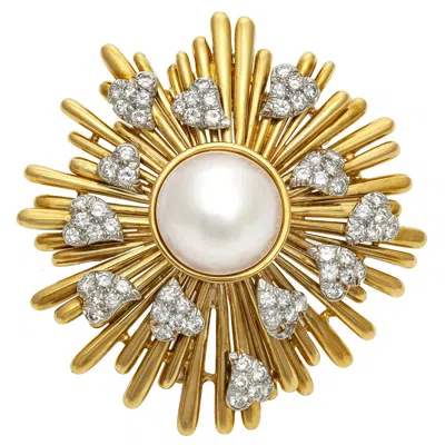 Pre-owned David Webb Vintage 1960s  Gold And Pearl Sun Brooch With Diamond Hearts In Multi