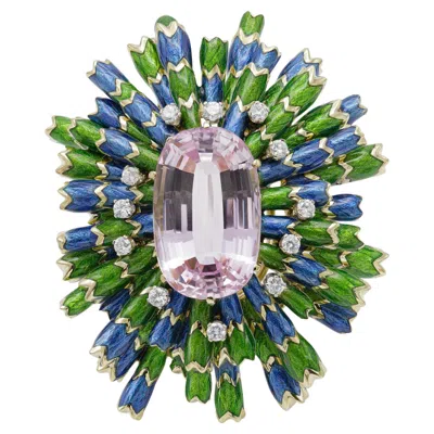 Pre-owned David Webb Vintage 1960s  Kunzite Diamond And Enamel Brooch In Multi