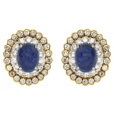 Pre-owned David Webb Vintage 1970s  10.00 Carat Cabochon Sapphire Earrings With Diamonds In Blue
