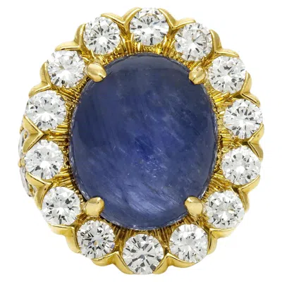 Pre-owned David Webb Vintage 1970s  10.00 Carat Cabochon Sapphire Ring With Diamonds In Blue