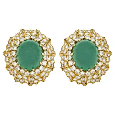 Pre-owned David Webb Vintage 1970s  Cabochon Emerald And Diamond Earrings In Green