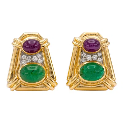 Pre-owned David Webb Vintage 1970s  Cabochon Ruby And Emerald Earrings With Diamonds In Green