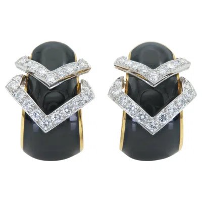 Pre-owned David Webb Vintage 1980s  Black Enamel And Diamond Earrings