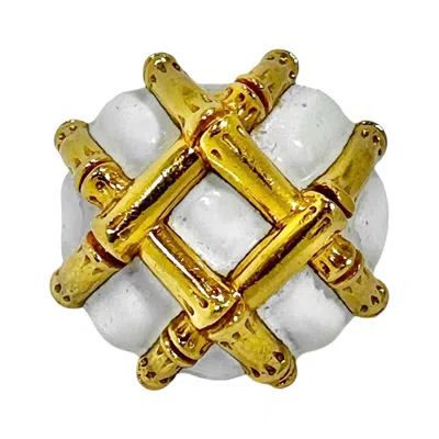 Pre-owned David Webb Vintage  18k Yellow Gold Bamboo Motif White Enamel Large Scale Ring