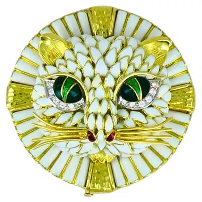 Pre-owned David Webb Vintage  Cat Brooch Pendant 18k Gold Enamel Diamond Estate Jewelry In Multi