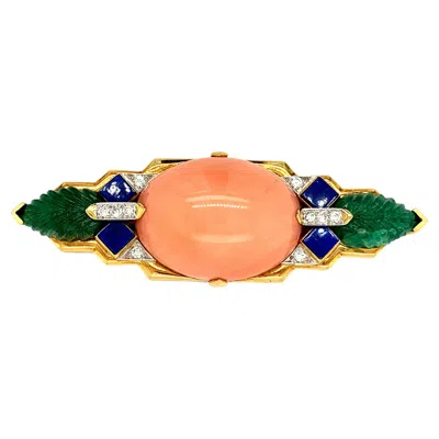 Pre-owned David Webb Vintage  Coral And Emerald Brooch In Red