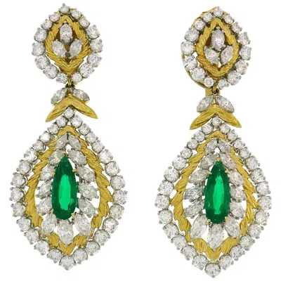 Pre-owned David Webb Vintage  Earrings Emerald Diamond 18k Gold Day And Night Cross River In Green