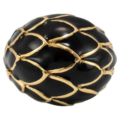 Pre-owned David Webb Vintage  Leaf Motif 18k Yellow Gold Black Enamel Dome Cocktail Ring