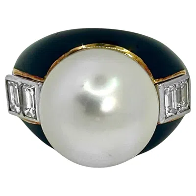 Pre-owned David Webb Vintage  Yellow Gold, Platinum, Diamond, Enamel & South Sea Pearl Ring