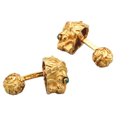 Pre-owned David Webb Vintage Emerald 18k Gold Lion Head Cufflinks In Green