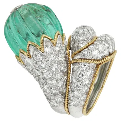 Pre-owned David Webb Vintage Emerald Flower Carved & Diamonds 18k Gold And Platinum In Green