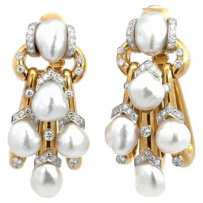 Pre-owned David Webb Vintage Pair Of  Baroque Pearl Diamond Pendant Earrings In Multiple