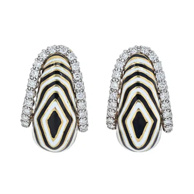 Pre-owned David Webb Vreeland Diamond Zebra Black & White Enamel Earrings