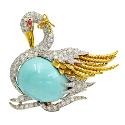 Pre-owned David Webb Webb Turquoise, Diamond And Ruby Swan Brooch In 18k Yellow Gold And Platinum