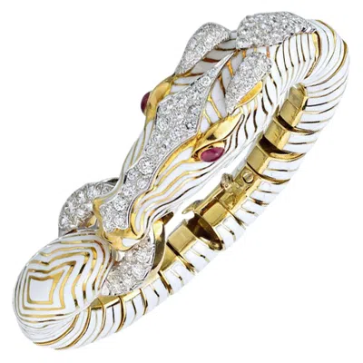 Pre-owned David Webb White Diamond Ruby Enamel Gold Platinum Zebra Bracelet