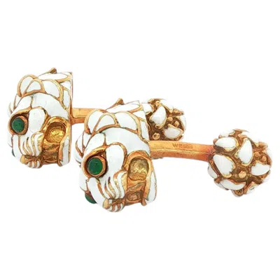 Pre-owned David Webb White Enamel 18k Lion Head Cufflinks With Cabochon Emerald Eye