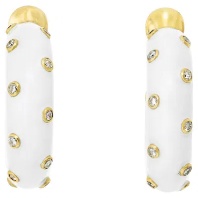 Pre-owned David Webb White Enamel Bezel Diamond Set Mini Hoop Earrings