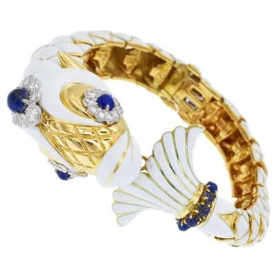 Pre-owned David Webb White Enamel, Diamond And Lapis Fish Bracelet In 18k