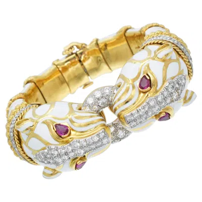 Pre-owned David Webb White Enamel, Diamond And Ruby Double Panthere Head Bracelet.