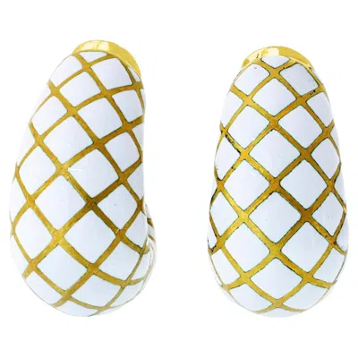 Pre-owned David Webb White Enamel Platinum & 18k Yellow Gold Bombe Gold Clip-on Earrings