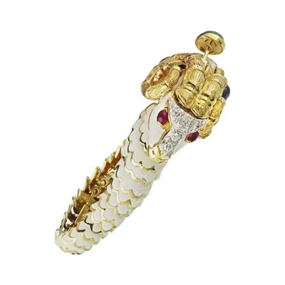 Pre-owned David Webb White Enamel Ram Animal Bangle With Rubies And Emeralds Bracelet