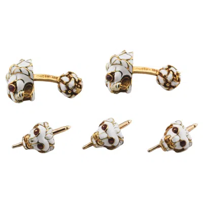 Pre-owned David Webb White Enamel Ruby 18k Yellow Gold Vintage Lion Cufflinks Stud Set