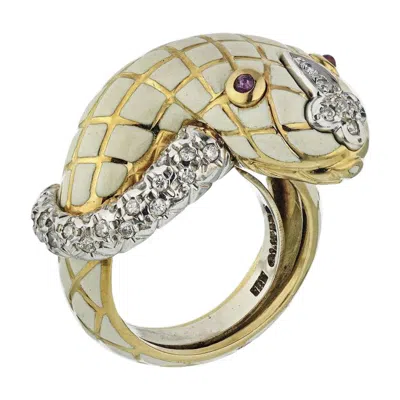 Pre-owned David Webb White Enamel Ruby Yellow Gold Diamond Snake Ladies Ring