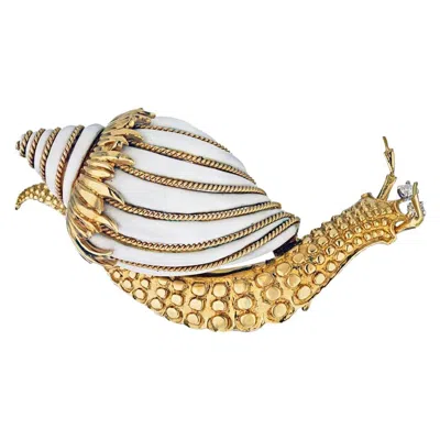 Pre-owned David Webb White Enamel Vintage Studded Snail 0.10 Carat Diamond Brooch Pin